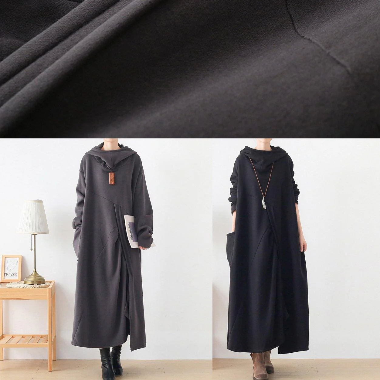 Classy dark gray Tunic hooded asymmetric long Dresses