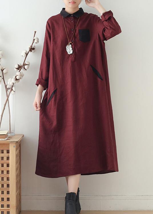 Wine Red Large Linen Long Shirt Dress Robe
