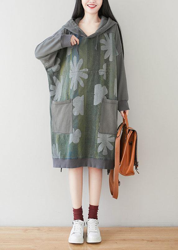 Unique Grey Hooded Pockets Patchwork Print Fall Sweatshirt Dress