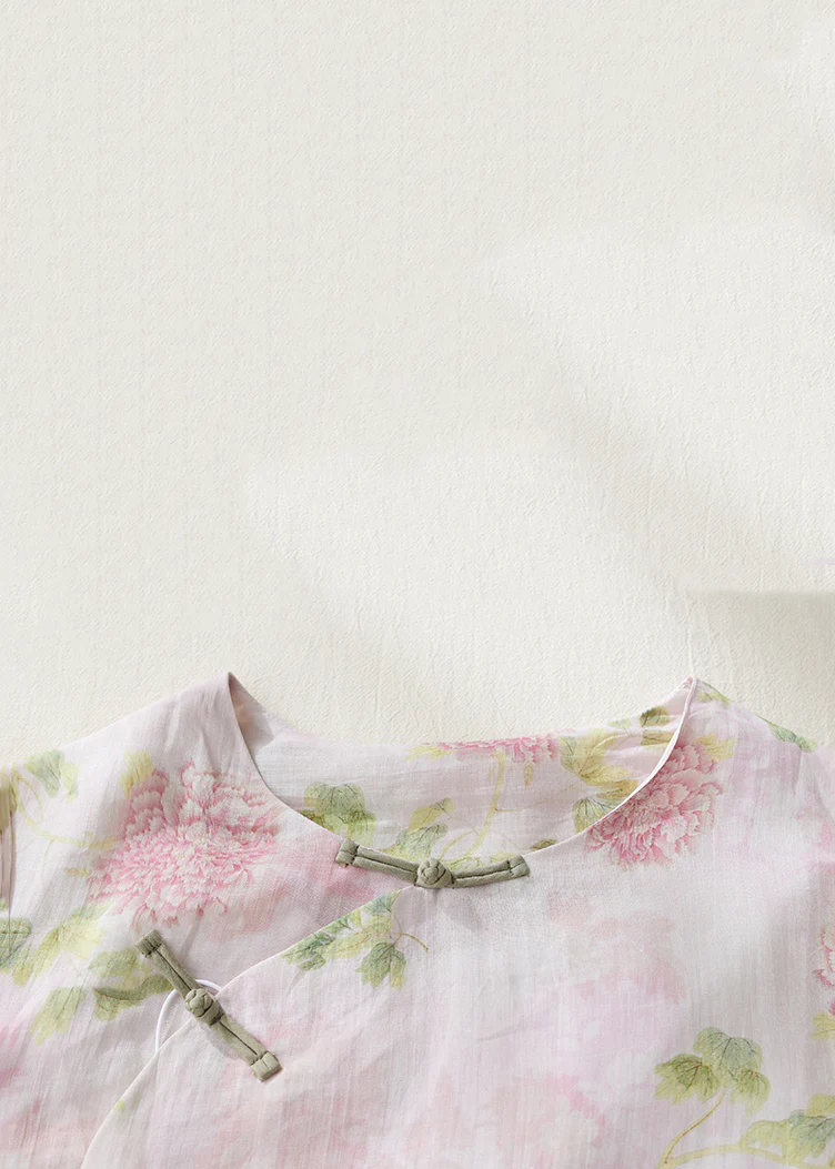 Women Pink O Neck Button Print Linen Shirts Bracelet Sleeve