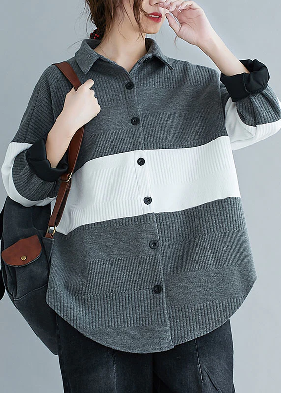 Vintage Grey Peter Pan Collar Button Patchwork Fall Shirt Top Long sleeve