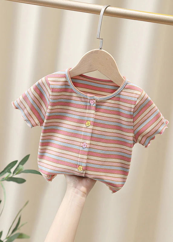 Cute White O-Neck Striped Knit Cotton Girls Top Summer