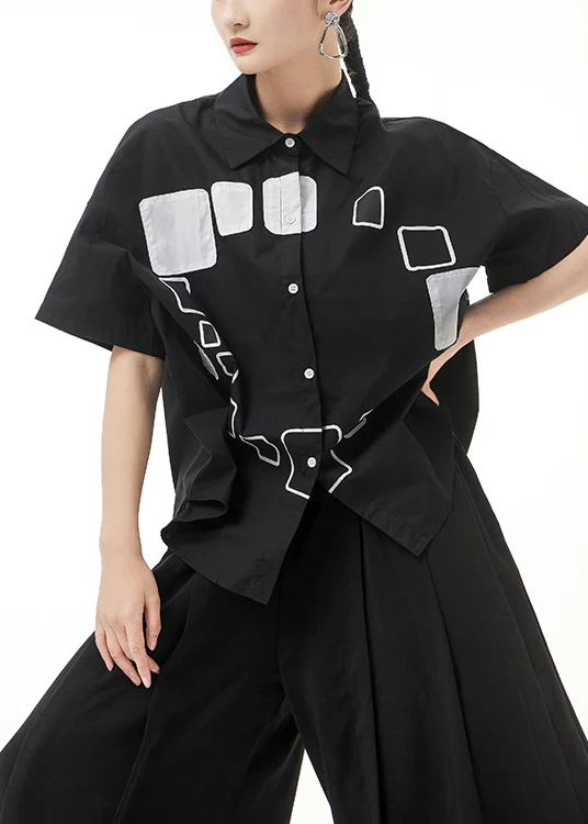 Bohemian Black Peter Pan Collar Print Shirt Tops Short Sleeve