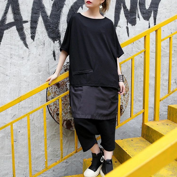 fine black pure linen blouse casual linen cotton t shirt Fine asymmetric hem patchwork cotton shirts