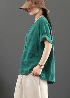Elegant o neck pockets linen cotton summer shirts women green Art tops