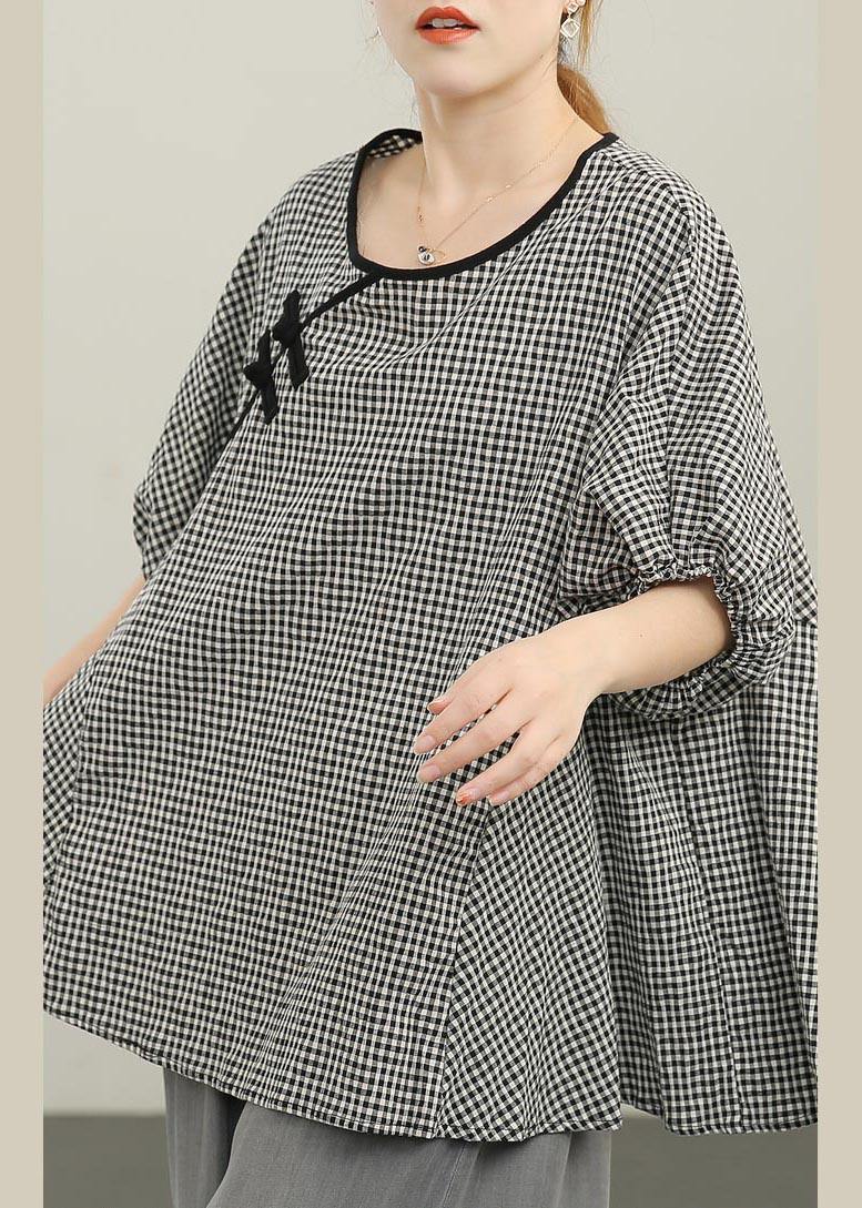 Handmade Black Plaid Button Cotton Shirt Top Summer