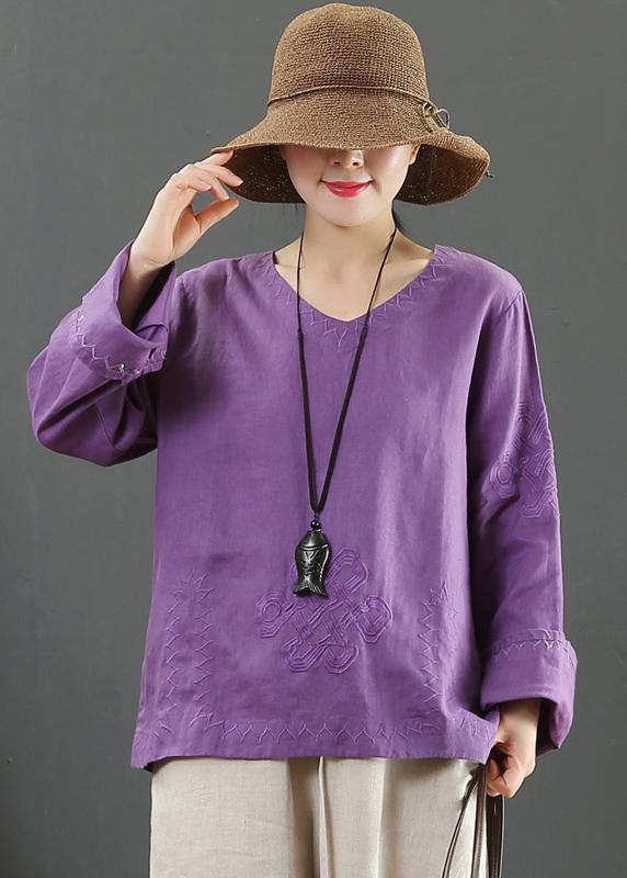 Art V Neck Embroidery Spring Purple Blouse