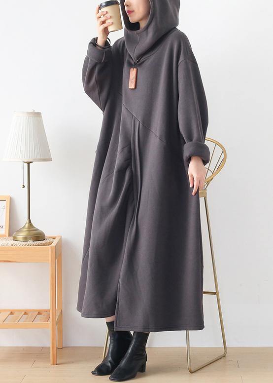 Classy dark gray Tunic hooded asymmetric long Dresses