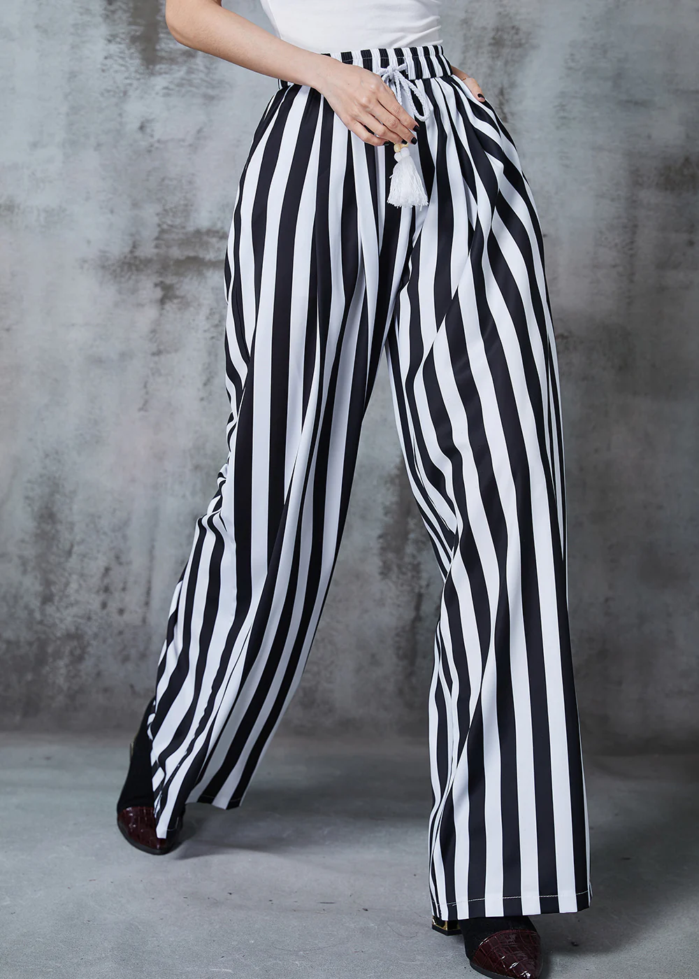 Bohemian Black Tasseled Striped Cotton Straight Pants Summer