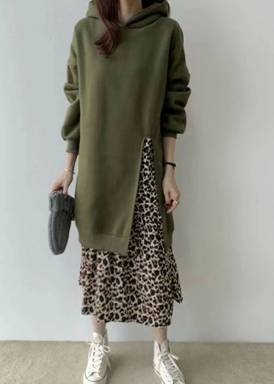 Loose Green Hooded Patchwork Leopard False Two Pieces Warm Fleece Dress Long Sleeve